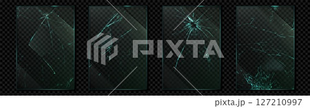 Glass crack. Broken window. Mirror or phone screen with shatters. Break effect or smash pane texture. Demolished transparent glossy surface. Windshield debris. Vector backgrounds set 127210997