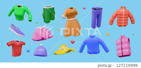 3D fashion. Clothing and shoes. Female render outfit. Fashionable dress or skirt. Colorful male apparel. T-shirt with shorts. Realistic store wear. Stylish exhibition. Vector clothes set 3D fashion. Clothing and shoes. Female render outfit. Fashionable dress or skirt. Colorful male apparel. T-shirt with shorts. Realistic store wear. Stylish exhibition. Vector clothes set 127210999