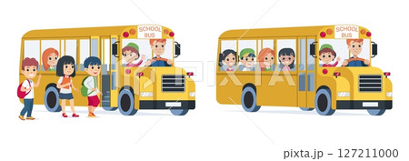 School bus. Students education trip. Public transport. Schoolchildren transportation. Passenger and driver in automobile. Happy boys or girls group in auto van. Vector vehicles set 127211000