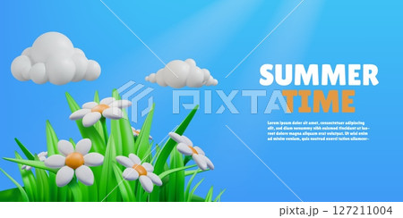 3D summer time banner. Meadow flowers. Spring grass. Garden render blossoms. Daisy leaves. Chamomile plant bouquet and sky clouds. Summertime nature. Vector cartoon season background 3D summer time banner. Meadow flowers. Spring grass. Garden render blossoms. Daisy leaves. Chamomile plant bouquet and sky clouds. Summertime nature. Vector cartoon season background 127211004