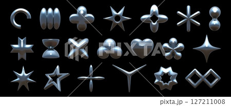 3d y2k shapes. Abstract chrome star, silver flower for graphic design or retro future creative aluminum holograms, modern trendy art, metallic foil geometric elements. Vector decoration set 127211008