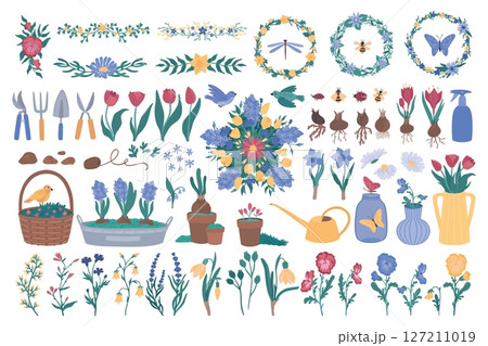 Spring flowers. Simple floral plant, cute easter tulip and leaf nature garden. Summer bouquet blossom. Decorative borders and frames, watering can and pots. Vector cartoon isolated pattern 127211019