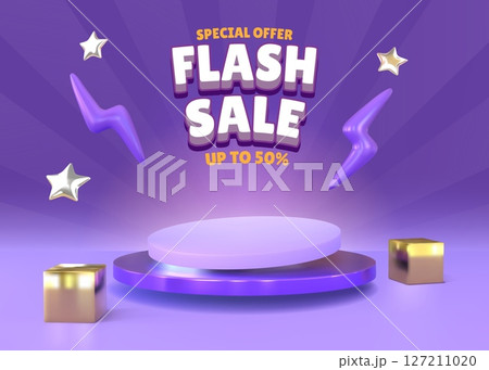 Flash sale. 3d promo background, mega offer with product podium, discount coupon for shop design. Empty stage for special offer banner. Minimalistic showcase vector advertising banner template 127211020