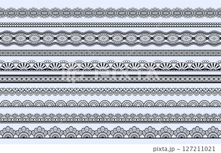 Lace pattern. Black trim border. Fabric texture with simple frame. Geometric jacquard ornament. Mesh embroidery print. Elegant tape. Decorative ribbon lines set. Vector seamless design 127211021