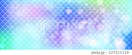 Mermaid scale pattern with soft gradients. Rainbow background with seamless fish or dragon tail texture. Blue decorative layout in vector format. 127211119