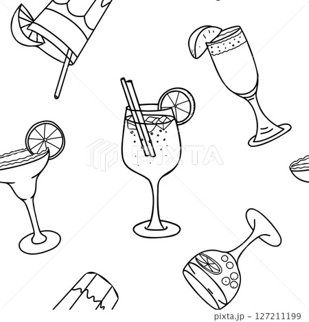 Cocktails Seamless pattern. Aperol Spritz, Margarita, Bellini, Tequila Sunrise and Sangria. Hand drawn graphic Vector illustration in Doodle style. 127211199