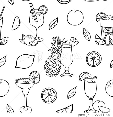 Summer Cocktails and Fruits Seamless pattern. Aperol Spritz, Mojito, Margarita, Bellini and Pina Colada. Hand drawn graphic Vector illustration in Doodle style. Summer Cocktails and Fruits Seamless pattern. Aperol Spritz, Mojito, Margarita, Bellini and Pina Colada. Hand drawn graphic Vector illustration in Doodle style. 127211200