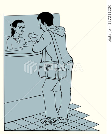 Vector illustration. Dialogue between the customer and cashier Vector illustration. Dialogue between the customer and cashier 127211220