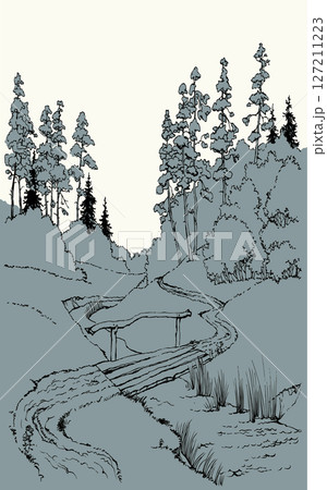 Vector landscape. A dirt road in the forest Vector landscape. A dirt road in the forest 127211223