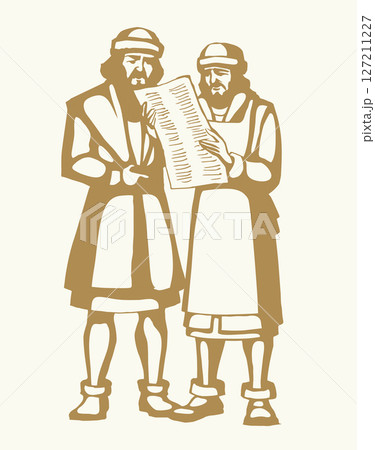 Vector drawing. Two men reding a newspaper 127211227