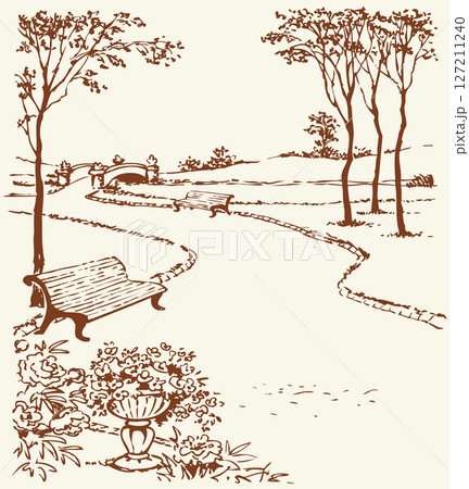 Vector landscape. Banches along the alleys of the park Vector landscape. Banches along the alleys of the park 127211240