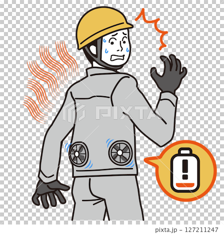 作業中にファン付き作業服のバッテリーが切れて、困っている男性　シンプルなイラスト 127211247