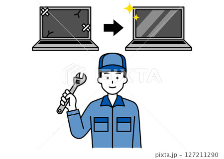ノートパソコンの修理を案内する修理業者の男性 127211290
