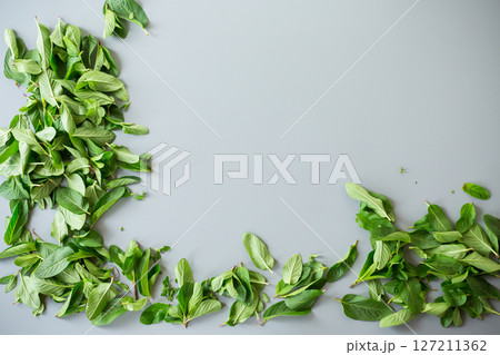 Mint in a bunch from above on a cold-toned background Mint in a bunch from above on a cold-toned background 127211362