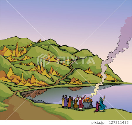 Vector image. Summer landscape with a river flowing among the hills 127211453
