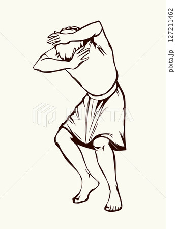 Vector drawing. Man protect himself from the wind Vector drawing. Man protect himself from the wind 127211462