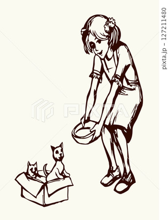 Vector Drawing. Girl feeding a cat Vector Drawing. Girl feeding a cat 127211480