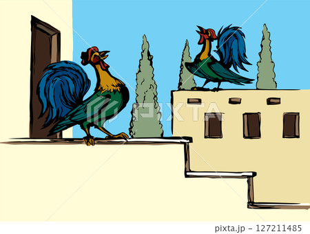 Vector drawing. Singing cock at morning 127211485