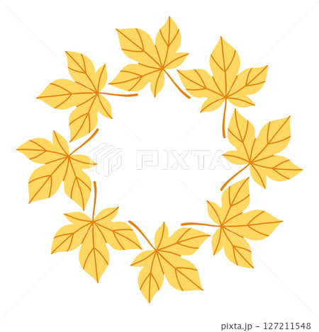 Simple yellow maple leaf circle frame. Cute wreath border of autumn leaves. Hello fall. Vector seasonal illustration. Template for poster, postcard. Simple yellow maple leaf circle frame. Cute wreath border of autumn leaves. Hello fall. Vector seasonal illustration. Template for poster, postcard. 127211548