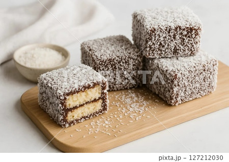 Delicious Traditional Australian Lamington Cakes with Coconut Coating on White Plate 127212030
