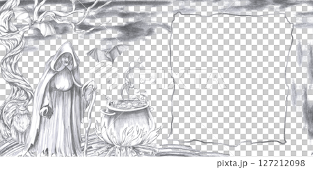 Rectangular frame with witch, cat, potion cauldron, bats. Isolated pencil illustration for Halloween interior decoration, postcards, invitations, poster printing. Rectangular frame with witch, cat, potion cauldron, bats. Isolated pencil illustration for Halloween interior decoration, postcards, invitations, poster printing. 127212098