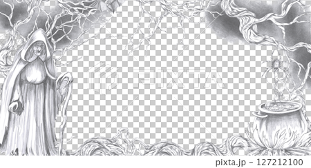 Rectangular frame with witch, cauldron with potion, branches with bats. Isolated pencil illustration for Halloween interior decoration, postcards, invitations, poster printing. Rectangular frame with witch, cauldron with potion, branches with bats. Isolated pencil illustration for Halloween interior decoration, postcards, invitations, poster printing. 127212100