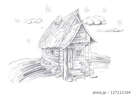 Old hut against the background of the starry sky. Isolated pencil illustration for Halloween interior decoration, postcards, invitations, printing on posters, clothes and fabric. Old hut against the background of the starry sky. Isolated pencil illustration for Halloween interior decoration, postcards, invitations, printing on posters, clothes and fabric. 127212104
