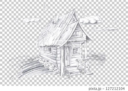 Old hut against the background of the starry sky. Isolated pencil illustration for Halloween interior decoration, postcards, invitations, printing on posters, clothes and fabric. Old hut against the background of the starry sky. Isolated pencil illustration for Halloween interior decoration, postcards, invitations, printing on posters, clothes and fabric. 127212104