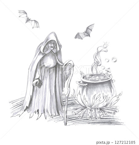 Old witch at a boiling potion vat. Isolated pencil illustration for Halloween interior design, postcards, invitations, printing on posters, clothes and fabric Old witch at a boiling potion vat. Isolated pencil illustration for Halloween interior design, postcards, invitations, printing on posters, clothes and fabric 127212105