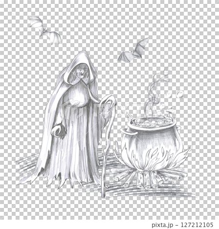 Old witch at a boiling potion vat. Isolated pencil illustration for Halloween interior design, postcards, invitations, printing on posters, clothes and fabric Old witch at a boiling potion vat. Isolated pencil illustration for Halloween interior design, postcards, invitations, printing on posters, clothes and fabric 127212105