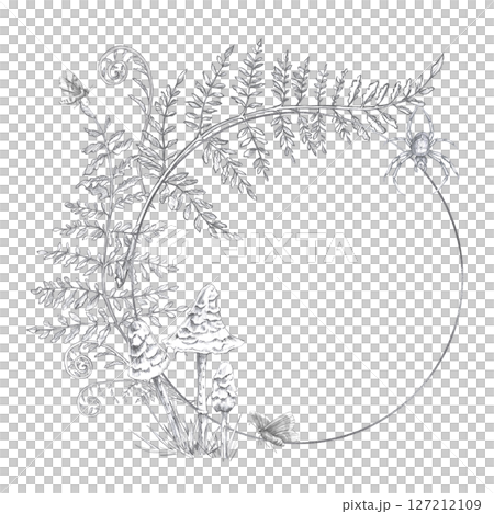 Round fern wreath with mushrooms, spider and moths. Isolated pencil illustration for Halloween interior decoration, poster and fabric printing. Round fern wreath with mushrooms, spider and moths. Isolated pencil illustration for Halloween interior decoration, poster and fabric printing. 127212109