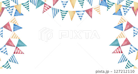 Rectangular frame with flags. Isolated watercolor illustration on a festive theme for postcard design, sales, interior for theme parties, printing on posters. Rectangular frame with flags. Isolated watercolor illustration on a festive theme for postcard design, sales, interior for theme parties, printing on posters. 127212110