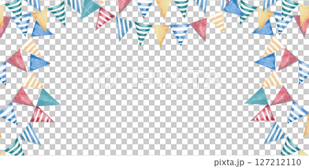 Rectangular frame with flags. Isolated watercolor illustration on a festive theme for postcard design, sales, interior for theme parties, printing on posters. Rectangular frame with flags. Isolated watercolor illustration on a festive theme for postcard design, sales, interior for theme parties, printing on posters. 127212110