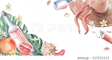 Rectangular frame on the theme of recreation. Isolated watercolor illustration for restaurant menu design, summer sales brochures, poster printing, advertising campaigns. Rectangular frame on the theme of recreation. Isolated watercolor illustration for restaurant menu design, summer sales brochures, poster printing, advertising campaigns. 127212111