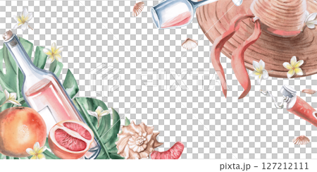 Rectangular frame on the theme of recreation. Isolated watercolor illustration for restaurant menu design, summer sales brochures, poster printing, advertising campaigns. Rectangular frame on the theme of recreation. Isolated watercolor illustration for restaurant menu design, summer sales brochures, poster printing, advertising campaigns. 127212111