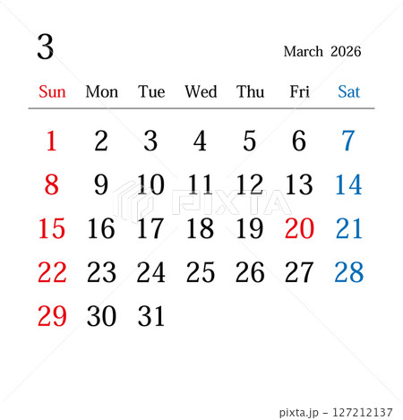 2026年3月、日本のカレンダー 2026年3月、日本のカレンダー 127212137
