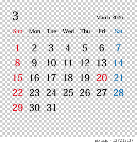 2026年3月、日本のカレンダー 2026年3月、日本のカレンダー 127212137