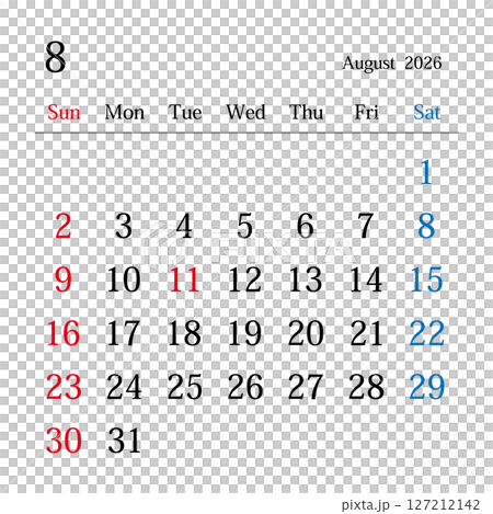 August 2026, Japanese calendar - Stock Illustration [127212142