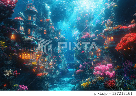 A fabulous underwater kingdom with castles and vibrant coral reefs. Generated by artificial intelligence 127212161