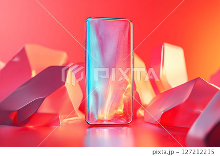 Holographic smartphone screen on red background. Blank smartphone screen. 127212215