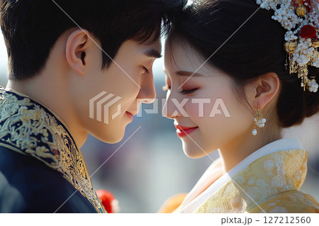 Close-up of traditional Korean wedding with happy expressions on the faces of the bride and groom. Close-up of traditional Korean wedding with happy expressions on the faces of the bride and groom. 127212560