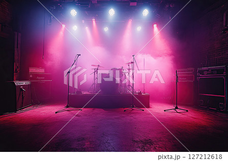 A concert stage at a rock festival, silhouettes of musical instruments in the bright rays of spotlights and stage smoke. Generated by artificial intelligence 127212618