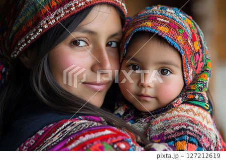 Portrait of a mother tenderly hugging her baby. People of oriental appearance. Generated by artificial intelligence 127212619