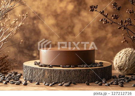 A round brown podium is surrounded by coffee beans and natural twig decor on a brown background. 127212716