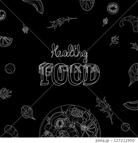 Healthy food illustration design. Wholesome nutrition eating plan outline. Restaurant menu diet wellness blog. Minimalist black background vector art. 127212950