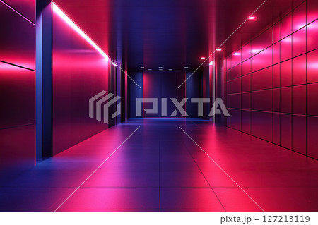 An empty corridor with metal-lined walls illuminated in neon pink and blue. Generated by artificial intelligence 127213119