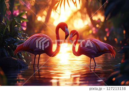 A pair of pink flamingos stand in the water in the tropics at sunset. Generated by artificial intelligence 127213138