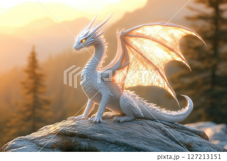 A white dragon with fiery eyes and wings sits on top of a cliff at sunset. Generated by artificial intelligence 127213151