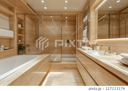 Interior of a spacious bathroom with a shower cabin and a bathtub, finished with marble tiles. Modern light bathroom interior. Interior of a spacious bathroom with a shower cabin and a bathtub, finished with marble tiles. Modern light bathroom interior. 127213174
