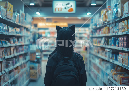 A teenager with cat ears on his head walks through a grocery store. Generated by artificial intelligence 127213180
